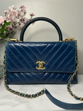 CHANEL Medium Coco Top Handle Bag Chevron Quilted Calfskin w/ Lizard Handle Blue